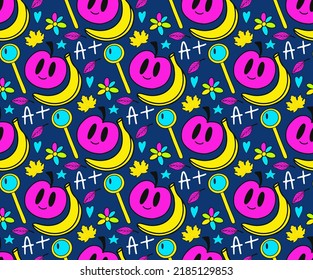 Back to school groovy pattern in retro 70s style. Psychedelic texture hippie design. School and education doodles hand drawn background. vector illustration