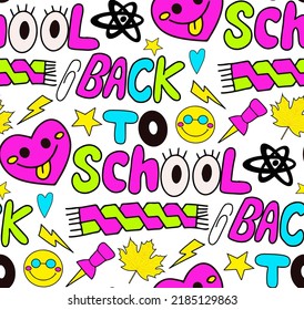Back to school groovy pattern in retro 70s style. Psychedelic texture hippie design. School and education doodles hand drawn background. vector illustration