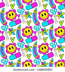 Back to school groovy pattern in retro 70s style. Psychedelic texture hippie design. School and education doodles hand drawn background. vector illustration