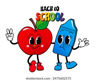 De vuelta a la escuela - Manzana roja Groovy y crayón azul. Concepto escolar en el viejo estilo de dibujos animados clásico. Antiguas lindo personaje aislado sobre fondo blanco. 