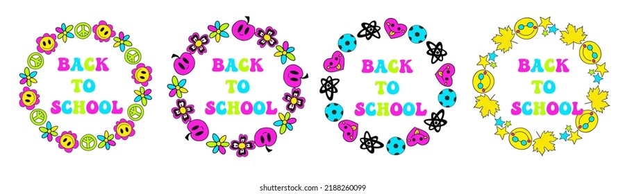 Back To School Groovy Round Frame In Retro 70s Style. Psychedelic Border Hippie Design