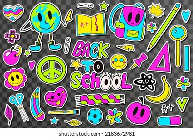 Back to school groovy stickers set in retro 70s style. Psychedelic collection of hippie design elements. Vector