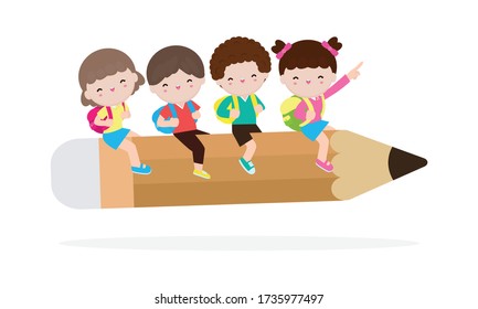 Back to school, group of cartoon Children flying on pencil, kids education concept vector illustration isolated on white background