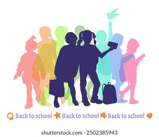 Back to school. Group of school friends and pupils silhouettes on white background. Vector illustration.	
