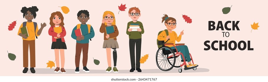 Back to school. Group of Happy diverse kids. Knowledge For All vector illustration