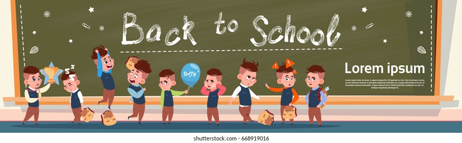 Back To School Group Of Small Pupils Girls And Boys Standing Over Class Board Schoolgirl And Schoolboy Education Banner Flat Vector Illustration