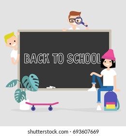 Back to school. A group of students standing and sitting beside the chalk board. illustration, vector clip art. Flat digital image