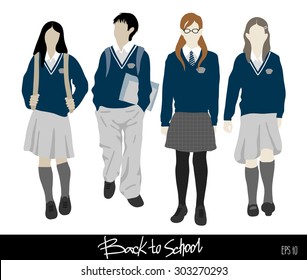 Back to school . Group of vector students from high school. Boys and girls going to school. 
Easy to change color