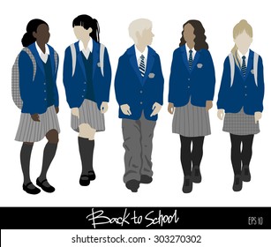 Back to school . Group of vector students from high school. Boys and girls going to school. Easy to change color