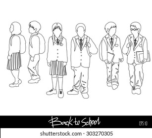 Back to school. Group of vector students from elementary school. Boys and girls going to school. Coloring book page design