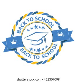 Back to school grunge ribbon with graduation cap - label / sticker.  Print colors used