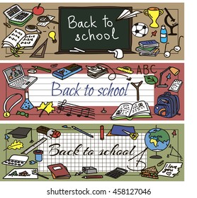 Back to school had drawn doodle set of banners. Vector illustration.