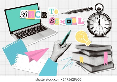 Back to school halftone collage elements set. Trendy collage with halftone hand holding pencil, laptop, books stack, stopwatch and school supplies, Torn out retro zine concept. Vector illustration.