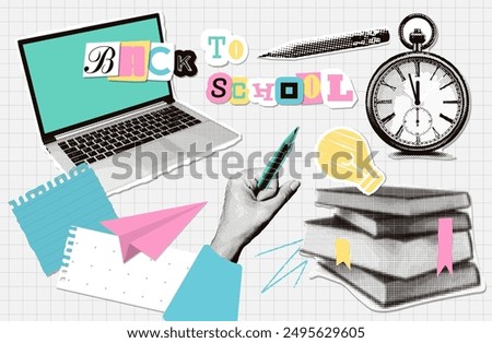 Back to school halftone collage elements set. Trendy collage with halftone hand holding pencil, laptop, books stack, stopwatch and school supplies, Torn out retro zine concept. Vector illustration.