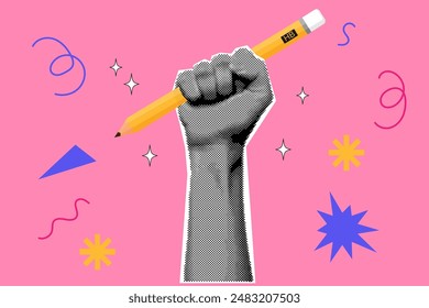 Back to school halftone collage. Hand Holding A Pencil. Contemporary vector illustration.