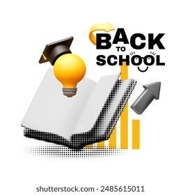 Plantilla de diseño de semitonos Back to School. Libro abierto y bombilla de idea con sombrero de graduado.