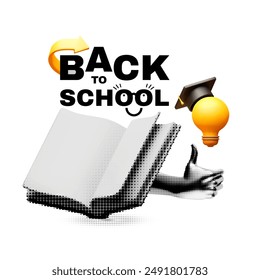 Back to School halftone design template. Opened book, thumbs up gesture and idea light bulb with graduate hat
