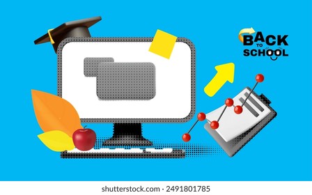 Back to School halftone design template with pc, graduate hat, growing graph and notepad