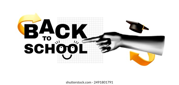 Back to School halftone design template with point gesture hand and graduate hat