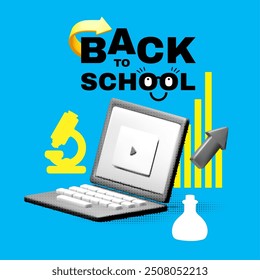 Back to School halftone design template with opened laptop and microscope. Online education