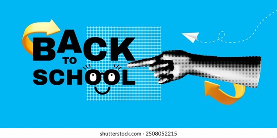 Back to School halftone design template with point gesture hand and graduate hat