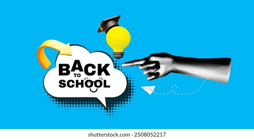 Plantilla de diseño de semitono de regreso a la escuela con mano de gesto de punto y sombrero de graduado