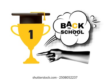 Back to School halftone design template with win cup, pointing hand and graduate hat
