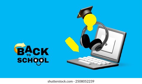 Back to School halftone design template with laptop, headphones idea light bulb and graduate hat. Online education