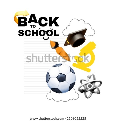 Back to School halftone design template with graduate hat, soccer ball, microscope, art brush and atom.