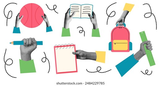 Back to school. Halftone hands. school supplies. vector illustration. halftone collage