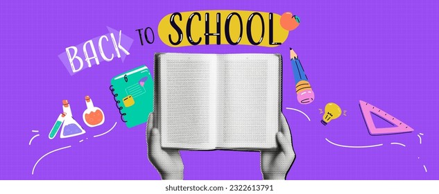 Back to school. Halftone-style vector contemporary collage with cut-out hands with an open book and stickers and doodles. Checkered banner, punk trendy illustrations. 