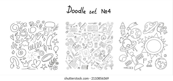 Back to school. Hand draw space illustration with sketch arrows. Big vector doodle set. Stationery for school, university and office. Hand-drawn school supplies. Cute, children s vector drawing about