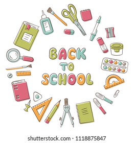 Back to school. Hand drawing card with lettering and set of school element in doodle and cartoon style. Stationery. Vector. EPS 10