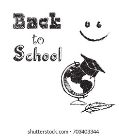 BACK TO SCHOOL hand drawing text with chalk Smiley and Globe in graduation hat with feather pen Doodle vector illustration on white background.