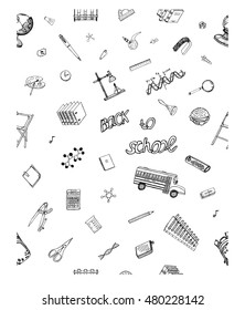 Back To School. Hand Drawn Background. Ideal Quality Sketch Drawing seamless pattern for Schooling design. Draft elements, signs, symbols about Learning. Itemized Doodle objects. Vector Illustration.