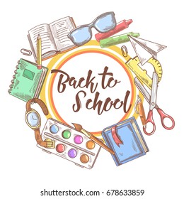 Back to School Hand Drawn Background. Educational Concept with Eyeglasses, Notebook and Paint. Vector illustration
