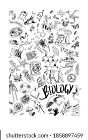 Juego de doodles biológicos dibujado a mano. Cubierta de cuaderno escolar. Iconos de la biología. Letras - Biología. Dibujo vectorial de Doodle Science . Fondo blanco.