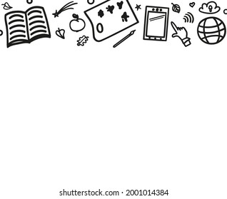 Back to school. Hand drawn black elements on white. Education concept. Abstract banner design. Black and white illustration