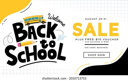 Back to school hand drawn card design with colorful school elements and lettering. Education concept flat style vector illustration. Cartoon funny design template for background, card, poster, banner