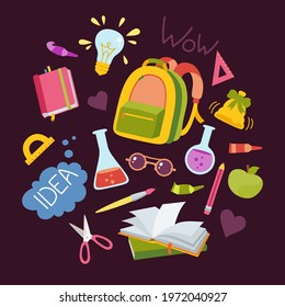 Back to School hand drawn cartoon set. Learning school colorful flat collection. First day school, chemistry education icon kit. Sketchbook, scissors, laptop, glasses and book backpack, paints vector