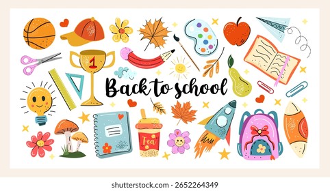 Back to School hand drawn cartoon vector set with school supplies, backpack, autumn leaves, books, trophy, art tools and fun doodles. Perfect for kids designs, prints, cards and education themes.