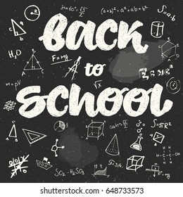 Back to school hand drawn chalk texture inscriptions and text on black board