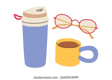 Back to school hand drawn coffee cup, tumbler and glasses vector illustration for education, online learning, reading book, school and courses. International education day, teachers day concept art.