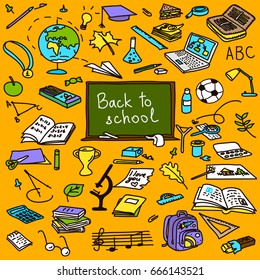 back to school, hand drawn colored objects, sketch, doodle, vector objects. eraser, globe, glue, goggles, graduate, lamp, laptop leaves pen pencil pin For decoration prints tags textile poster