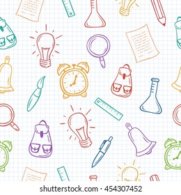Back to school hand drawn colorful seamless pattern on squared paper. Vector illustration.
