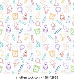 Back to school hand drawn colorful seamless pattern on squared paper. Vector illustration.