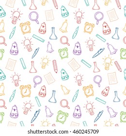 Back to school hand drawn colorful seamless pattern with school tools. Vector illustration.