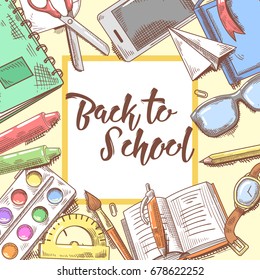 Back to School Hand Drawn Design. Educational Concept with Eyeglasses, Notebook and Paint. Vector background