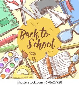 Back to School Hand Drawn Design. Educational Concept with Eyeglasses, Notebook and Paint. Vector illustration