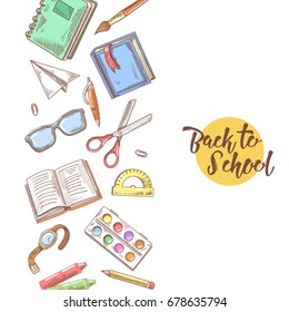 Back to School Hand Drawn Design. Educational Concept with Books, Notebook and Pen. Vector illustration